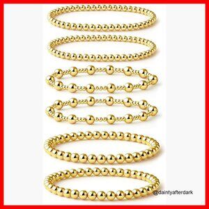 14K Gold Plated Stackable Bead Ball Bracelet Set Stretch Beaded